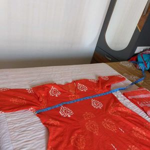 Orange Block Print Kurta Set with Dupatta