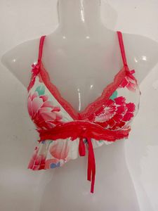 Floral Print Bra with Lace Trim