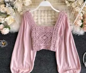 Pink Crochet lace Square Neck puff sleeve crop top