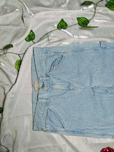 Women’s Blue White Striped Wide Leg Lace Jeans