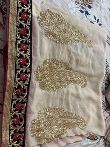 Elegant Cream Saree with Gold Embroidery