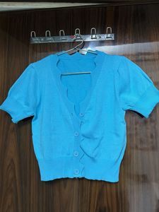 Blue Short Sleeve Knit Cardigan