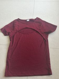 Maroon Ribbed Cut-Out Tee