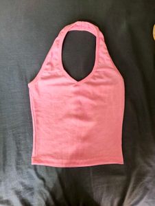 Pink Ribbed Halter Neck Crop Top