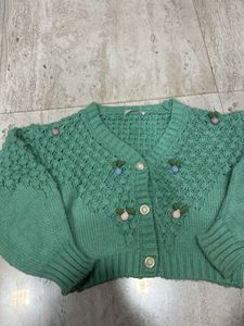 Green Knit Cardigan w/ Floral Details