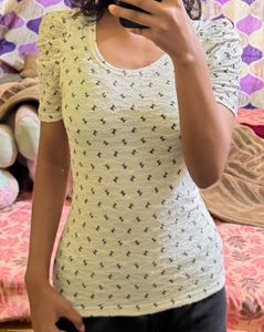 White Lace Print Puff Sleeve Top