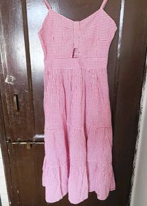 Cute Pink Gingham Tiered Midi Dress