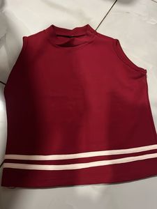 Sleeveless Red Top with Striped Hem