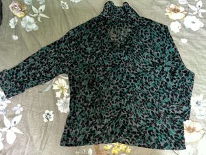 Sheer Leaf Print Button-Up Top