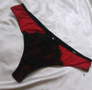 Red & Black Lace Thong Panty