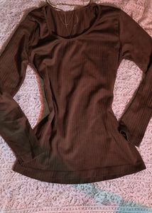 Brown Ribbed Long Sleeve Top