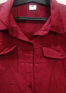 Burgundy Button-Up Shirt with Pockets