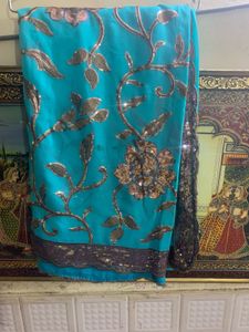 Teal &amp; Gold Sequin Indian Sari Blouse