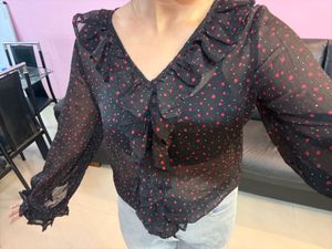 Chic Black Heart Print Ruffle Blouse