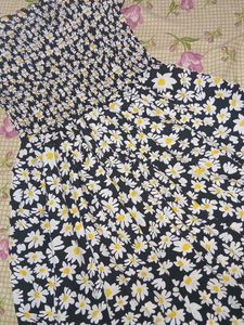 Daisy Print Smocked Square Neck Dress