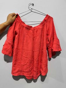 Coral Off-Shoulder Ruffle Sleeve Top