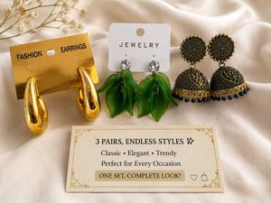 3 Pairs of Earrings Set - Gold, Green, Jhumka
