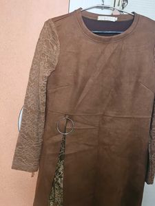 Brown Lace Sleeve Mini Dress