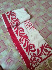 Elegant White &amp; Red Saree pure cotton