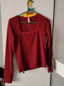 Red Long Sleeve Square Neck Top