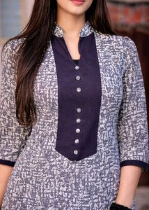 Elegant Grey Printed A-Line Kurti with Black Panel