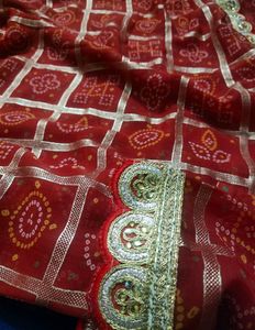 Price Drop - Maroon &amp; Beige Printed Bandhani Saree