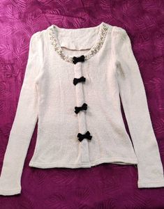 Cream Cardigan with Bows and Pearls