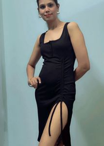 Chic Black Ruched Side Slit Dress