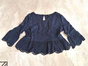 Navy Blue Eyelet Bell Sleeve Peplum Top