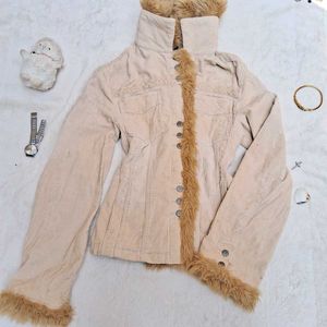 y2k Faux Fur Trim Denim Jacket