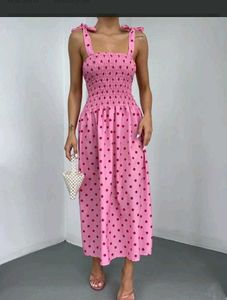 Pink Polka Dot Smocked Midi Dress