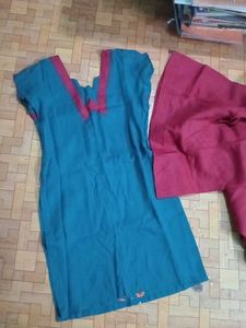 New Teal &amp; Red Embroidered Kurti Pant Set