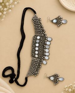 Bohemian Oxidized Silver Mirror Necklace Set