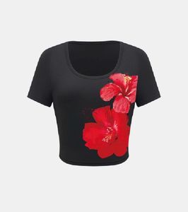 Black Crop Top with Red Flower Print