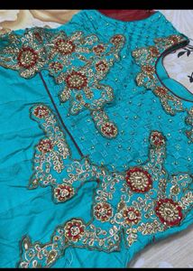 zari work Teal Embroidered Anarkali Gown