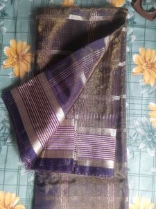 Elegant Blue &amp; Gold Striped Saree