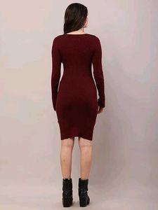 New Maroon Ribbed Bodycon Dress