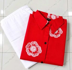 ( New) Red Floral Round Kurta Pair