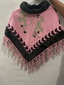 Pink Knit Poncho with Faux Fur Trim