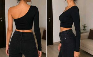 Black One-Shoulder Ribbed Crop Top