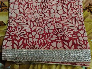 Red Floral Print Saree with Embellished Border