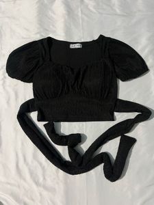 Black Puff Sleeve Wrap Crop Top
