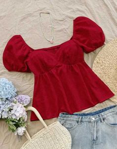 Red Puff Sleeve Top with Jeans Outfit