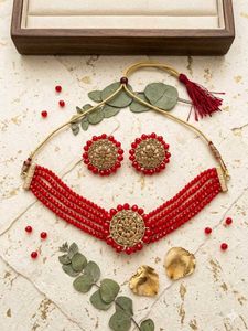 Red Beaded Choker Necklace with Earrings