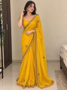 Vibrant Yellow pearl work  Saree