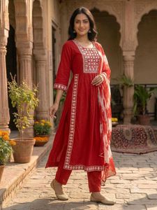 Red Embroidered Nyra Cut Kurta Set