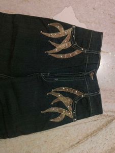 Y2K Tribal Wing Embroidery & Rhinestone denim