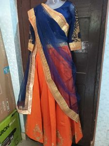 1-TimeUsed OrangeLehengaWithNavyBlueBlouse&amp;Dupat