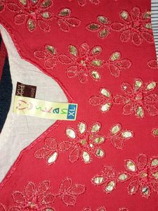 Red &amp; White Flared Kurti with Embroidery Work