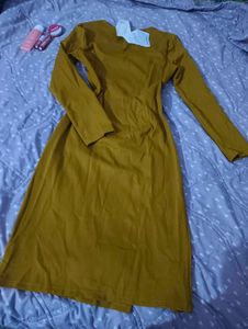 Mustard Yellow Ruched Midi Dress